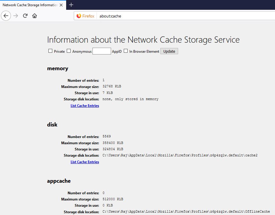 Firefox about cache command
