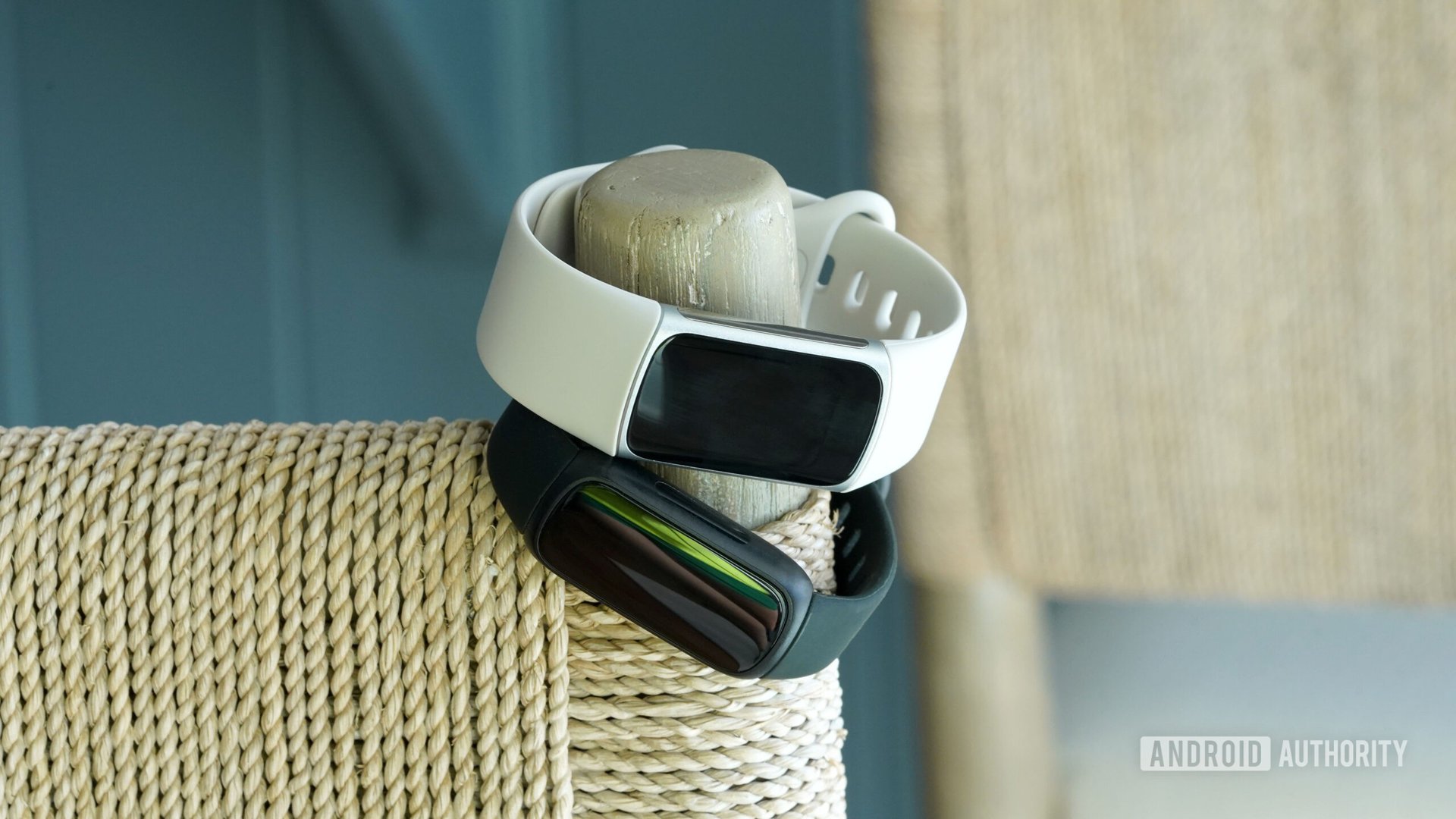 Fitbit Charge 6 vs Inspire 3 design A Fitbit Charge 6 and Fitbit Inspire 3 hang from a bar stool.