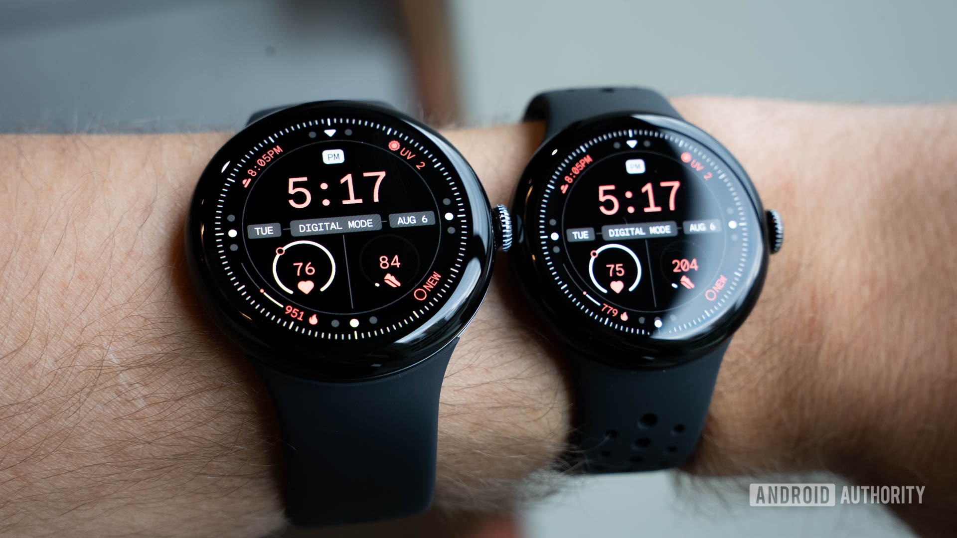 Google Pixel Watch 3 in both 45mm and 41mm sizes on person's left wrist Google Pixel Watch 3 in both 45mm and 41mm sizes on person's left wrist