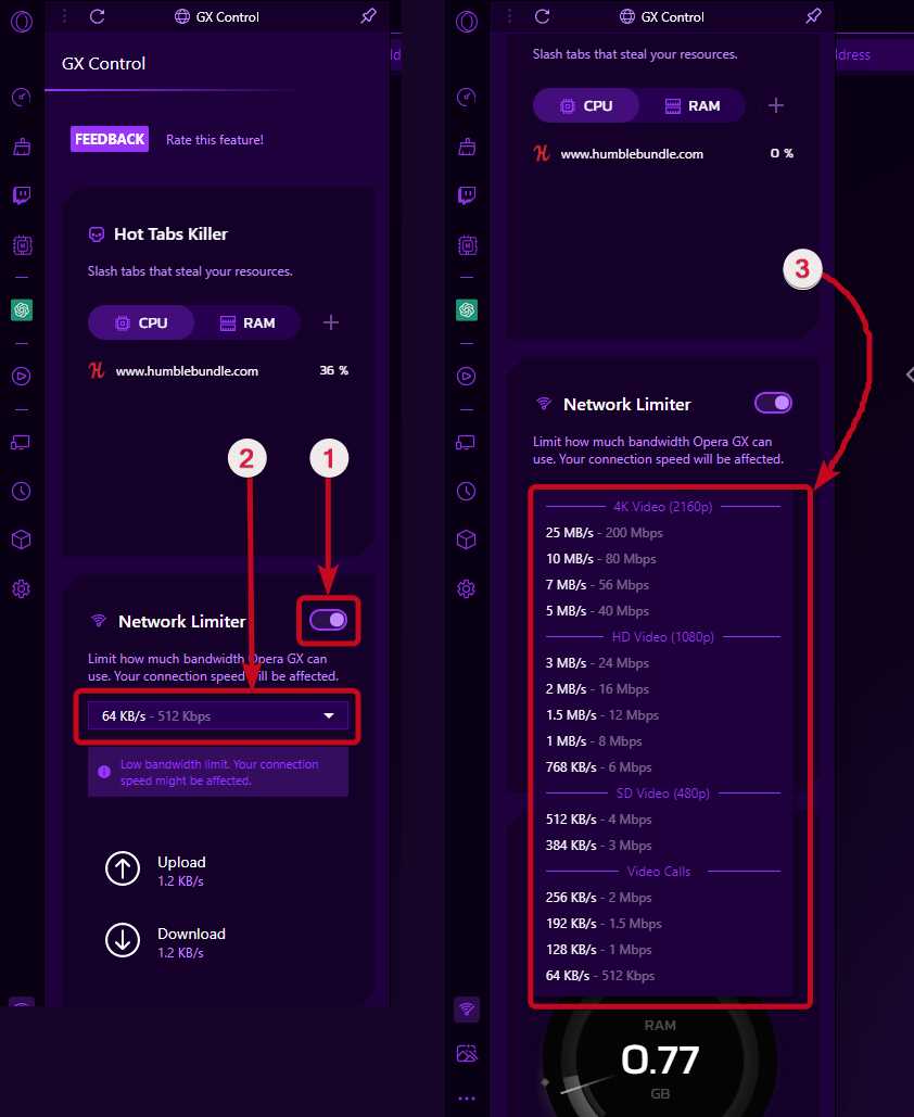Opera GX RAM and data limit 30 35 limit bandwidth for Opera GX