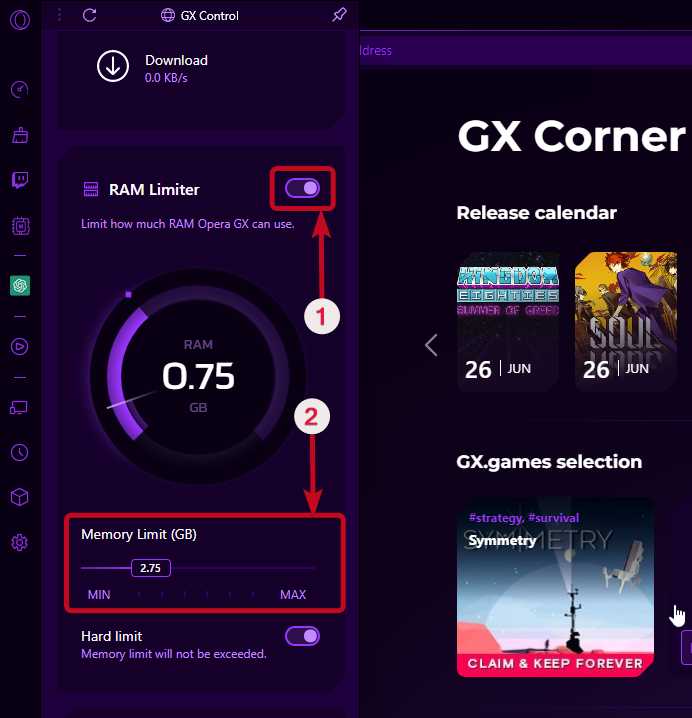 Opera GX RAM and data limit 40 Opera GX RAM limiter