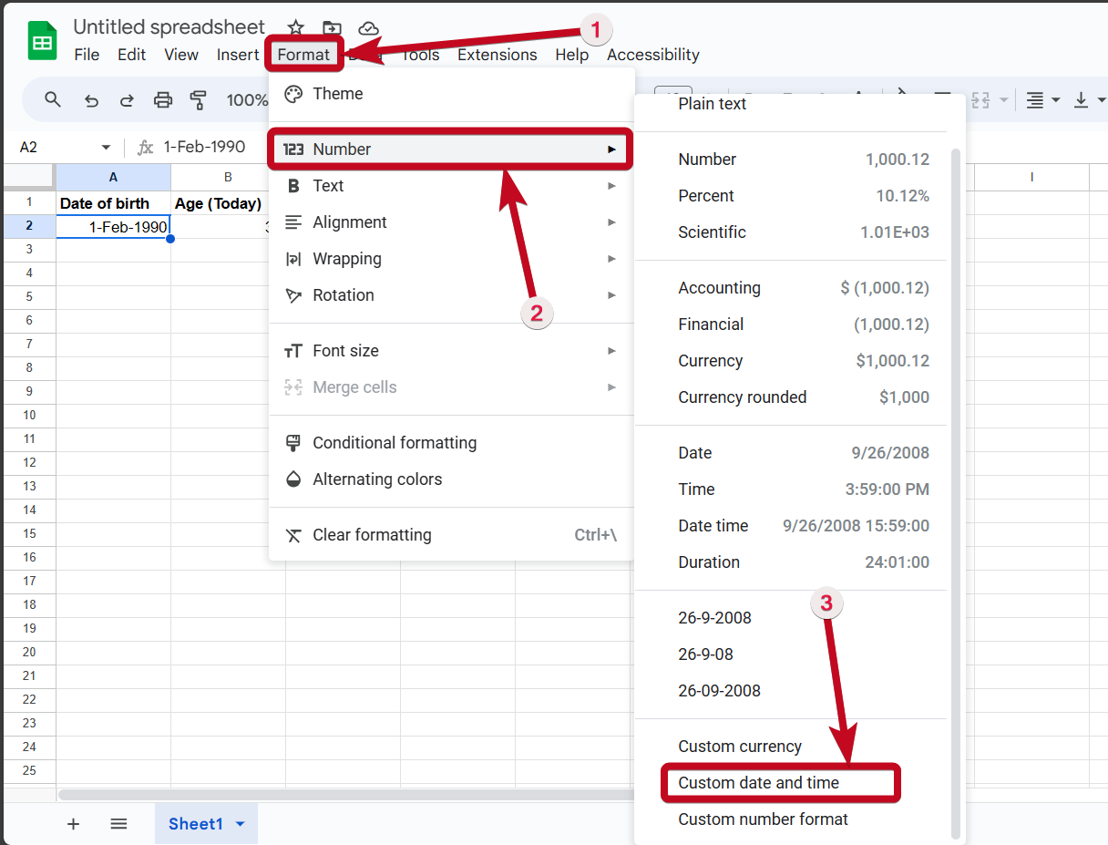 Age in Google Sheets 20 format cell in Google Sheets 20