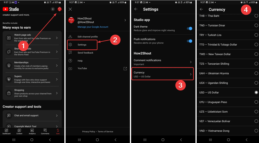 change the currency in Youtube studio mobile app change the currency in Youtube studio mobile app