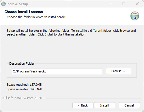 Select the destination folder to install heroku CLI Select the destination folder to install heroku CLI