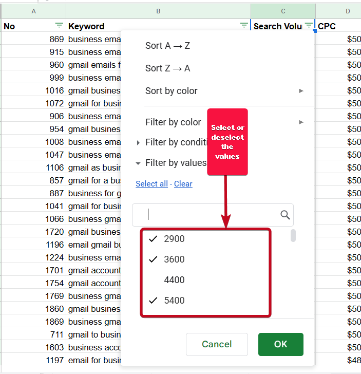 Sortable table in Google Sheets 60 Filter data by value, condition or color