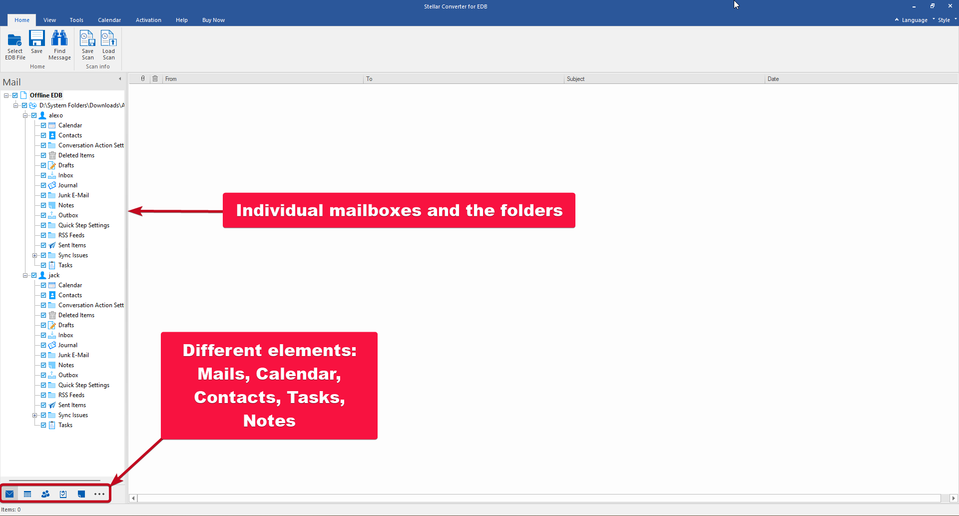Stellar Converter fo EDB 40 Previewing contents within the mailboxes