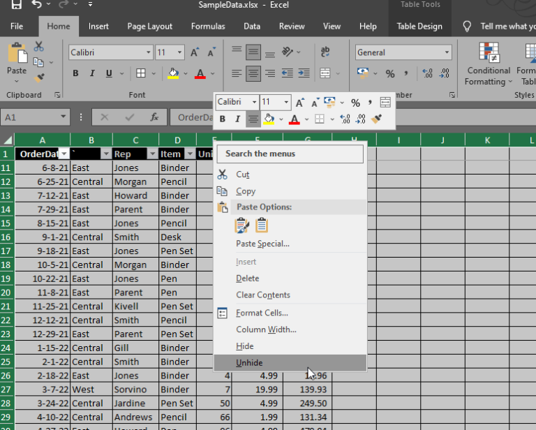 Unhide Columns in Excel